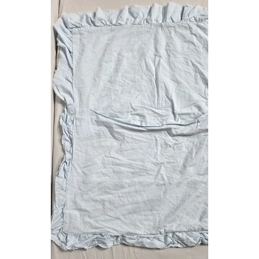 PotteryBarn Shabby Chic Ruffle Lt Blue Gray Embroidered Cotton Pillow Covers NEW